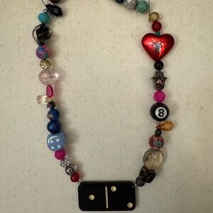 Colorful Domino Beaded Necklace with Heart Charm